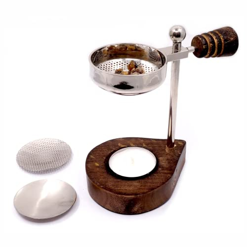 Farbenwald Bruciatore d'incenso, regolabile in altezza, per resine, legni e foglie, con setaccio extra, in nichel e base in legno