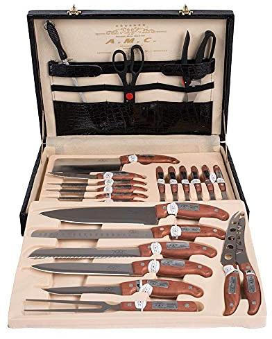 AMC 24-teiliges Besteck- und Zubehör-Set aus poliertem Edelstahl 18/10 mit eleganten Holzgriffen