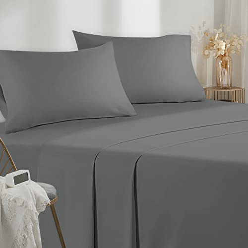 Poligino Parure De Lit 140x190/200 4 Pièces en Microfibre - Drap Housse 140x200 cm - Drap Plat 2 Personne 220x280 cm - 2 Taie d'oreiller 50x80 - Haute Qualité - Gris foncé