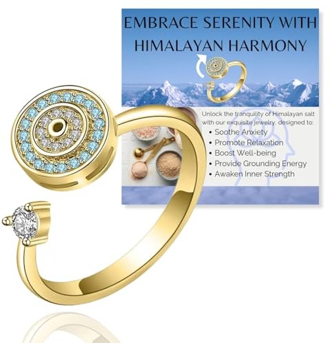 Halukakah 18K Vergoldete Angst-Drehring:Stilvoller Diamant-Böser-Blick-Schmuck mit Perlen-Spinner,Himalaya-Salz Hinzugefügt,Größenverstellbar,Geschenk für Frauen,Teenager,Mädchen,Tochter und Mutter