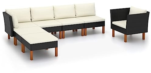 vidaXL Eukalyptusholz Gartenmöbel 7-TLG. Sitzgruppe Sofa Lounge Garten Garnitur Gartenset Gartensofa Mittelsofa Ecksofa Fußhocker Poly Rattan Schwarz