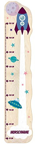 PrintPlanet® - Holz-Messlatte-Schmal mit Namen gestalten - Messlatte für Kinder personaliseren - Motiv: Rakete