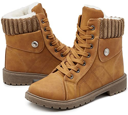 Waluzs womens white ankle boots winter boots for women fuzzy boots black combat boots snow boots lace up boots(Camel,US6)