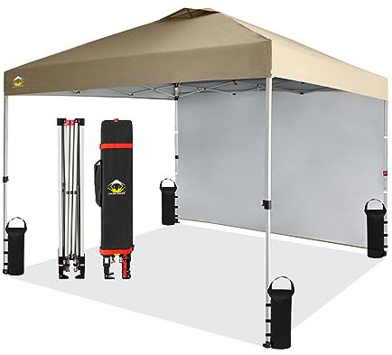 CROWN SHADES 10x10 Pop Up Canopy with 1 Side Wall - Beach Tent with One Push Setup - Outdoor Sun Shade for Events, Parties, Camping - Gazebo with STO-N-Go Cover Bag (Beige)