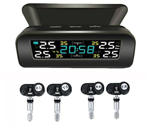 EOHMAK Tire Pressure Monitoring System Wireless Solar TPMS, Tire Pressure Monitor with 4 Sensors Real-time Display Temperature Pressure for Car RV SUV MPV Sedan (Internal)