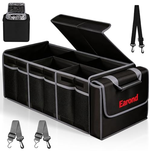 EAROND Kofferraum-Organizer mit isolierter, auslaufsicherer Kühltasche, abnehmbarem Deckel, verstellbare Sicherungsgurte, 3 Fächer, Kofferraum-Organizer für Auto, LKW, Limousine (grau und schwarz)