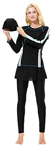 Odizli Burkini Damen Muslim Muslimische Badeanzug Full Cover Schwimmanzug Tankini Rashguard Islamisch Arabisch Jilbab Langarm Schwimmoberteile+Shorts Badehose+Hijab 3tlg Modest Bademode Schwarz#1 L