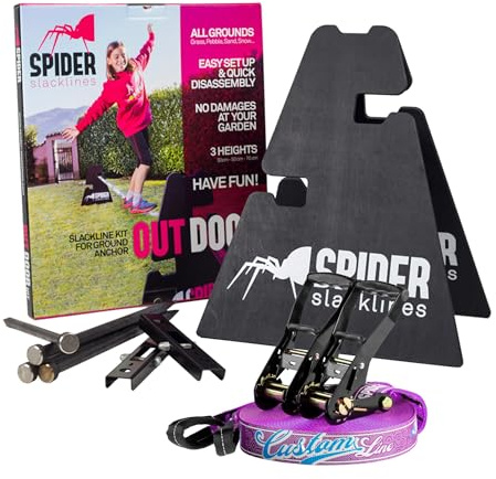 SPIDER SLACKLINE - Outdoor-Kit Custom Slackline für Anfänger - für den Einsatz im Freien ohne Bäume - Enthält: 1 individuelle Slackline, 2 Stative, 2 Platten, 4 Nägel und eine Anleitung - Kit 30m