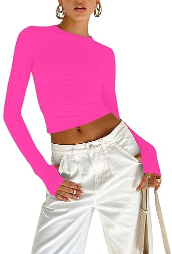 OYIGELZ T-shirt à manches longues pour femme - T-shirt basique classique - Crop Tops Y2K - Coupe ajustée - Hauts - Sweat-shirt décontracté - Col rond - Tee Shirt, Rose, S