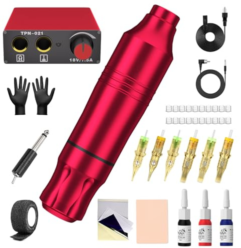Blackbudda Tattoo macchinetta tatuaggi, pistola rotativa per tatuaggi,adjustable, con alimentatore, pedale e pigmento, 10 aghi per cartuccia, kit per pratica di trucco per tatuatori (rosso)