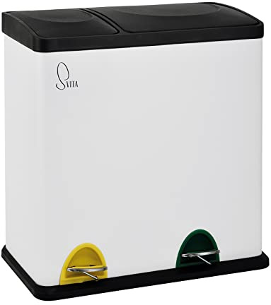 SVITA TC2Combo35 Cubo de basura con pedal y sistema de separación de residuos 35 litros (12 L + 23 L) para cocina, oficina, cuarto de trabajo, pedales coloridos de acero (Blanco)