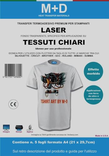 M+D Transfer Termoadesivo Per Tessuti Chiari - Stampabile con Stampanti Laser - Trasferimento a Caldo Compatibile con Silhouette Cameo Brother Scanncut Cricut Maker (conf. da 5 fogli form. A4)