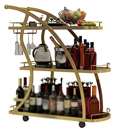 Lagerregal Gold Barwagen, mobiler Küchen-Servierwagen Weinwagen, dreistufiges mobiles Regal, einfach zu montieren, für Küche, Esszimmer, Wohnzimmer im Freien (Gold)