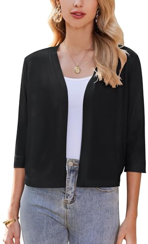 Zeagoo Boléro Femme Manches 3/4 Boléro Veste Festive Ouvert Devant Cardigan Solide Cardigan Top Noir S