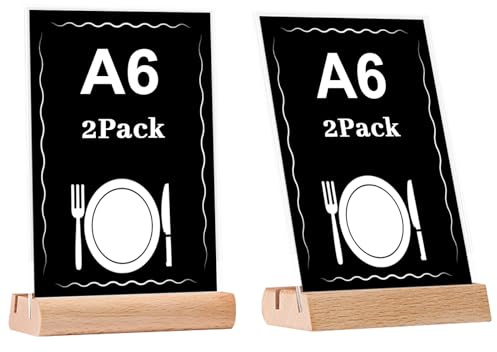 EACHPT Tischaufsteller A6, Acryl Tischaufsteller mit Holzfuß Buche 2 Stück A6 Hochformat Dualer Kartensteckplatz, Aufsteller Schild Präsentationsständer für Firmen Büros,Menükartenhalter