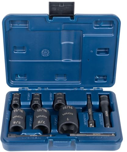 VACO VAC4100 - Juego de 10 llaves de vaso de impacto 2 en 1 con funda, adaptador, extensión, trinquete, 6 enchufes, 12 tamaños SAE para unidades de 1/4 y 3/8 pulgadas