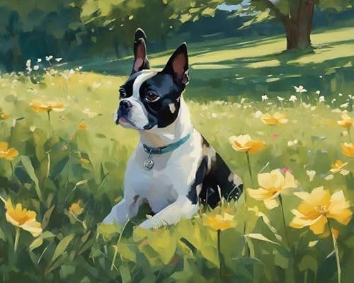 ZMHZMY Malen nach Zahlen Erwachsene,Boston Terrier Hund,Blumenwiese DIY Handgemalt Ölgemälde Kits auf Leinwand Geschenk für Weihnachten Geburtstag Home Haus Deko,40x50cm