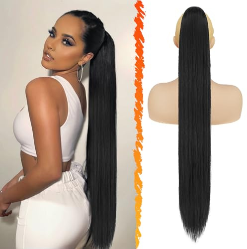 BARSDAR Coleta Postiza Pelo Largo Natural, 86cm Negro Largo Liso Cola de Caballo Extensiones Sintetico Extensiones de Pelo Coleta Clip in Ponytail Postizos para Mujer Fiesta Diaria - Negro azabache