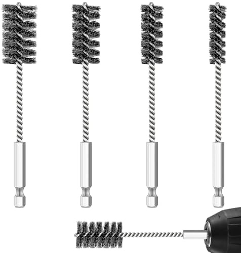 Hicarer Set di 4 spazzole metalliche in acciaio inox per trapano con manico esagonale, spazzole metalliche per porte di trapano, tubi, cuscinetti, parti di pulizia, accessori e altro ancora, 3/8,