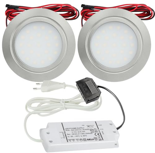 Lichtfaktor24 2er Set LED Möbel Einbaustrahler 12V ultra flach 2.4W Einbauleuchten Mila 160lm mit LED Trafo und 230V Zuleitung 3000K Warmweiß Lochausschnitt: 58 bis 60mm Silber Plug and Play Spots