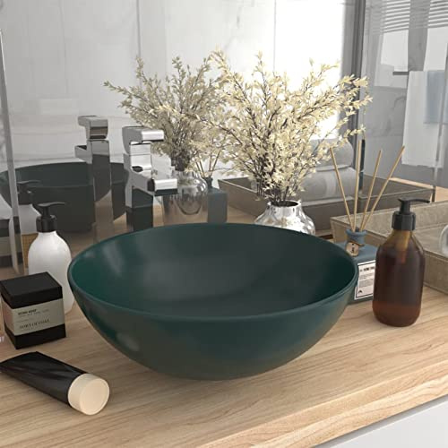 Brokky Lavandino da Bagno in Ceramica Verde Scuro Rotondo-Ceramica,Finitura Lucido - Lavandino Design Moderno Bacinella Lavamani Lavello Sanitari Bagno