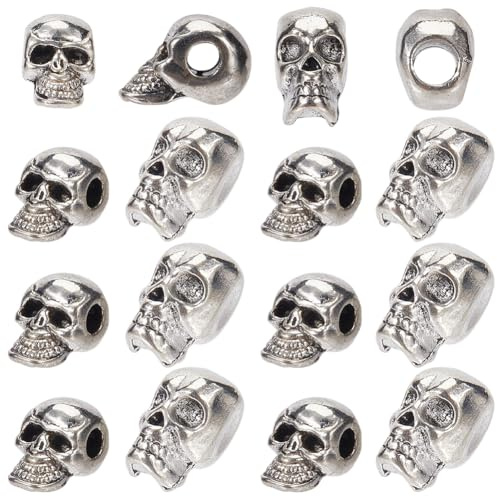 SUNNYCLUE 1 Box 60 Stück Silberne Totenkopf Perlen Halloween Skelett Perlen Metalllegierung Totenkopf Form Skelettkopf Kleine Lose Abstandshalter Charm Für Armbänder Schmuckherstellung Halskett