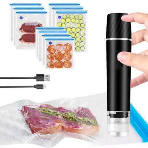 VOAKZEF Handheld Vacuum Food Sealer,Portable Food Vacuum Sealer Machine,Rechargeable Mini Electric Vacuum Sealer with 10 Pcs Reusable Vacuum Sealer Bags,for Food Preservation and Storage