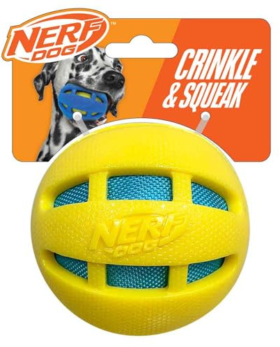 Nerf Dog Juguete para Perro TPR Checker Squeak and Crunch Ball de 3.8 Pulgadas, Amarillo con Bolsa crujiente Azul