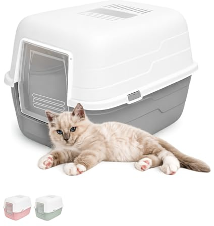 Paluplus Box Lettiera per Gatti Chiusa, Misura 48x38x32 cm, con coperchio apribile e porta basculante, Toilette gatti con filtro assorbi odori ai carboni attivi -314F (Grigio)