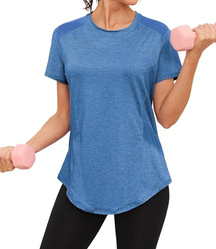Gyabnw T Shirt Fitness Femme Haut Running Femme Manches Courtes Anti UV | Haut de sport femme pour fitness, yoga, running et entraînement, léger et confortable au quotidien, empiècements respirants