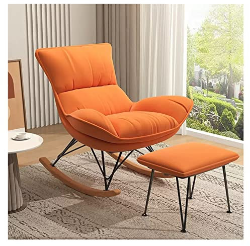 Mid Century Schaukelstuhl Stillstuhl mit Fußhocker und gepolstertem Sitz, orangefarbener Teddy-Stoff, Akzentsessel für Freizeit, Wohnzimmer, Schlafzimmer, Büro, Kinderzimmer