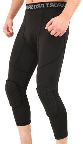 SHAIYOU Basketball Pants with Knee Pads 3/4 Compression Leggings, Cool Dry Wicking Athletic Base Layer Capri Tights Training Gym Workout Pants (Black,XL)