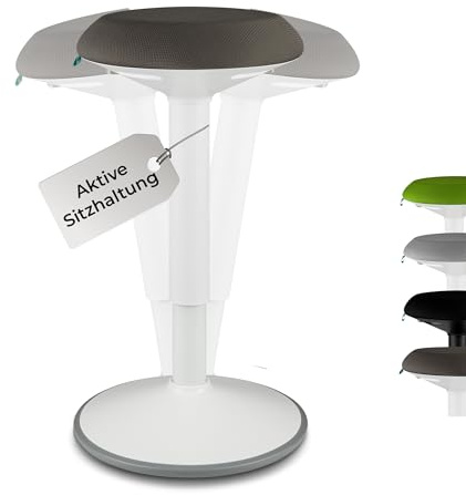 standup.Today Wackelhocker Ella (Weiß/Dunkelgrau) – Sitzhocker höhenverstellbar 55-80 cm – Ergonomischer Hocker für Büro & Zuhause – Bürohocker mit Schwingeffekt – Schreibtischhocker