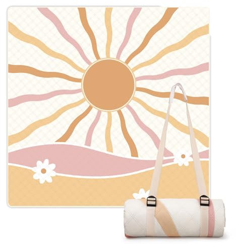 LARUTAN Waterproof Picnic Blanket, 200x200cm Extra-large Outdoor Mat with Shoulder - strap Design for Single - shoulder Hanging, Comes with Handle, Suitable for Camping, Beach and Garden Usem,Sicilia