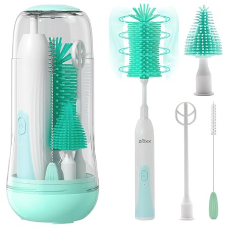 Electric Bottle Brush Cleaner, Portable Electric Baby Bottle Brush Cleaner for Travel, Rechargable Travel Bottle Cleaner Kit with Nipple & Straw Brush, Perfect Mom Essentials After Birth Gift, Green