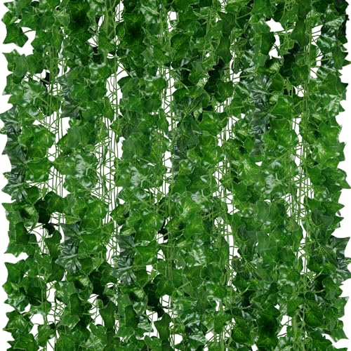 ADORAMOUR Guirlandes de Lierre Artificiel - Lot de 48, Longueur de 210cm - Vignes Faux Tombante Réalistes pour Décoration Chambre et Jardin Intérieure/Extérieure, Fausse Plantes en Plastique Vertes