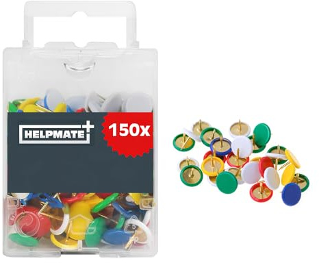 Helpmate – Reißzwecken farbig 10x7 mm – 150 Stück | Kunststoffbeschichteter Stahl – Pinnnadeln & Heftzwecken zur Befestigung auf dünnen Materialien, weichem Untergrund oder Holz