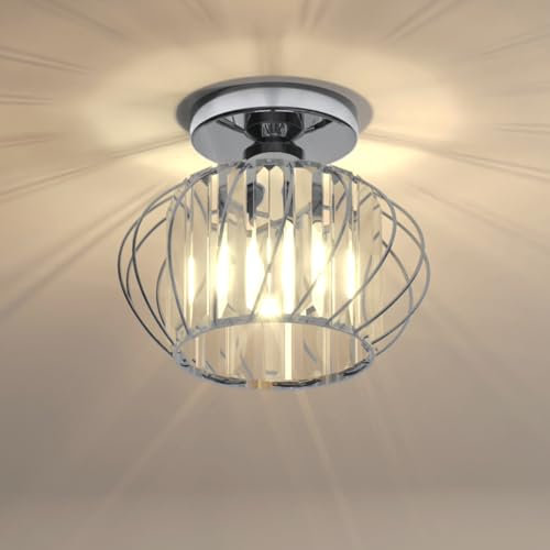 ANWIO Lampada da Soffitto Cristallo E27, Plafoniera a Soffitto con Argento Base Moderno, Plafoniera Bagno in Cristallo, Lampadario Corridoio con Paralume in Vetro, 22.5 CM (Senza Lampadine) Kitchen