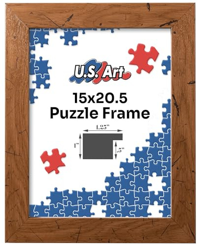 US Art Distressed Oak 15x20.5 Puzzle Frame 1.25 Inch Wide - Handmade American Picture Frames with Preinstalled Hangers and UV Blocking Plexiglass, 15x20.5 Frame