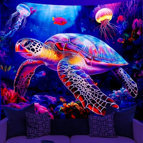 WEBEEDY Schildkröten Schwarzlicht Wandteppich Tier Tapisserie 150x130cm | ozean tier uv reaktiv wandteppiche;halloween;psychedelic wandteppich;für schlafzimmer;ästhetisches wandteppich;Weihnachten