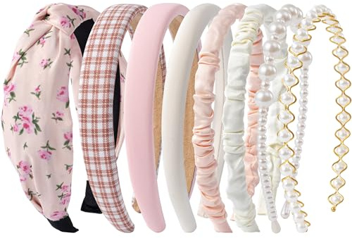 HBselect 8 Pezzi Cerchietto Capelli Donna Raso Fascia Capelli Donna con Perle Larghe per Ragazze e Donne Fasce per Capelli