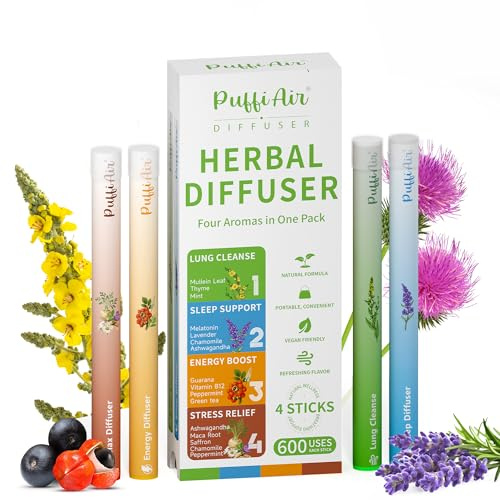Herbal Diffuser Quartet, Lung, Sleep, Energy & Relax Diffuser with Extract of Mullein, Melatonin, Natural Caffeine and Chamomile, 100% Natural Swap, Complete Wellness Quartet, 600 Uses Each