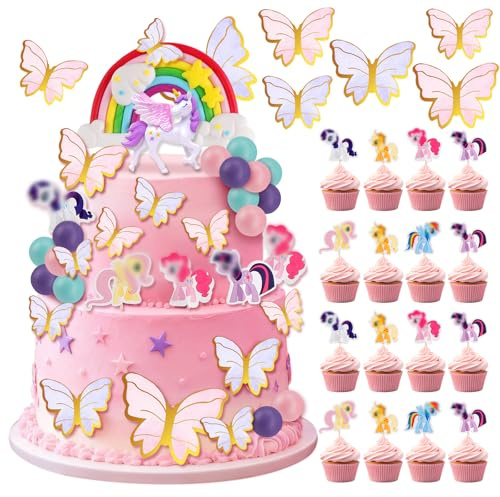 DXLing 61 Stück Pony Einhorn Tortendeko Geburtstag mit Topper Einhorn, Regenbogen, Happy Birthday Topper, Ballon, Schmetterling - Tortendeko Einhorn Mädchen Geburtstagskuchen Dekoration für Kinder