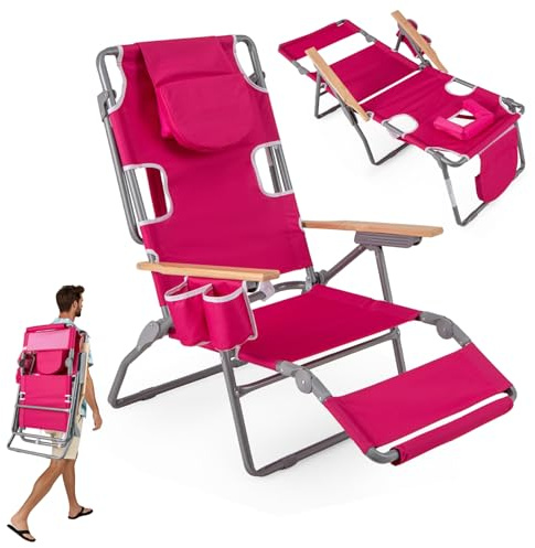 COSTWAY Strandstuhl klappbar, Campingstuhl mit Fußteil, Verstellbarer Rückenlehne, Kopfstütze, Loch für Kopf und Arme, Getränkehalter, Klappstuhl mit Liegefunktion (Rosenrot)