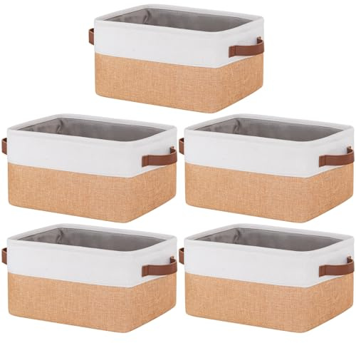 5 Pack Foldable Storage Bins with Handles, Natural Canvas Fabric Box Organizer for Shelves, Ideal for Clothes, Toys, Home Office Supplies (30x20x15cm)