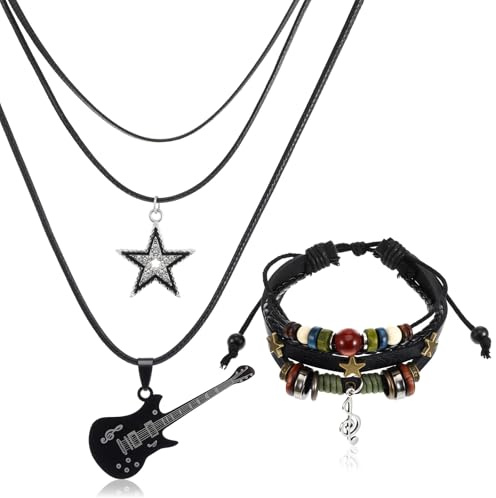 Telooco Collier Etoile Y2K Multicouche Bracelet Notes de Musique Bijoux pour Femmes Noir Punk Collier avec Pendentif Guitare Bracelets Musique Gothique Ensemble de Bijoux pour Femmes Hommes