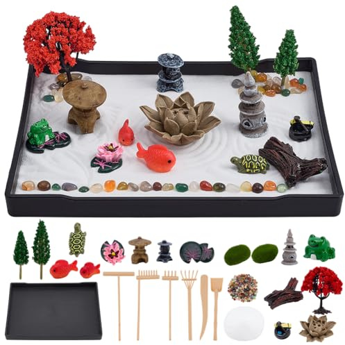 WEBEEDY Japanese Mini Zen Sand Garden Kit Box for Desk Decor, Beautiful Japanese Sand Box Decor Gift Set Meditation Mini Zen Garden for Home Office Calming & Relaxing Gift, 21x15.7 cm