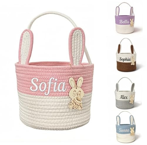VRFASHION Personalized Easter Baskets with Embroidered Name | Custom Cute Bunny Ear Easter Basket with Handle,Easter Gifts,Pink-White With Bunny Card