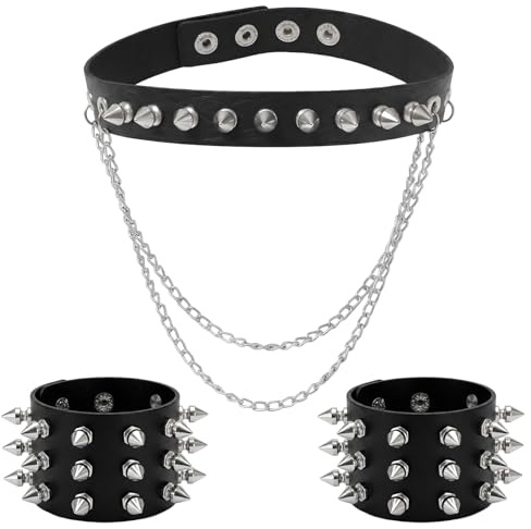 Dplolng 3 Stück Leder-Nieten-Choker-Set mit Armbändern und Manschetten Set, Nieten Armband Leder Schwarz Gothic Armreif Rock Armband Vintage-Rock-Punk-Stil für Halloween Kostümparty Rock Konzert