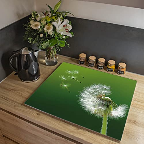 banjado Kochfeldabdeckung Glas mit Blumen und Pflanzen Design frisch 60x52 cm einteilig, hitzebeständige Herdabdeckplatte mit Gumminoppen, Schneidebrett für Küche und Ceranfeld, mit Motiv Pusteblume